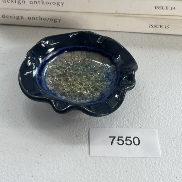 Art Studio Pottery Trinket Ring Dish Ashtray Blue Glaze Geode Crackle Glass - Picture 8 of 11